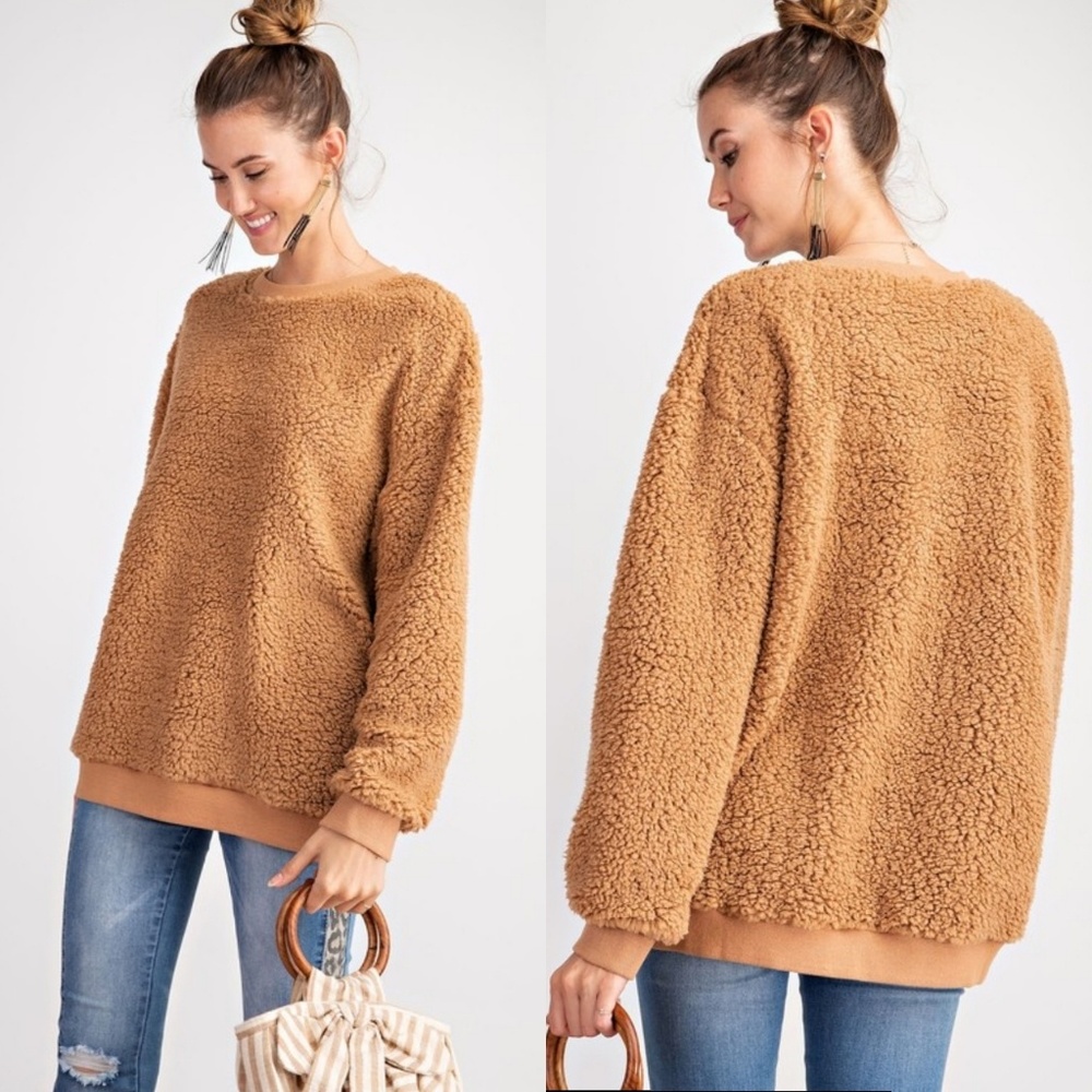 Camel fuzzy crew neck sweatshirt - Picture 3 of 5